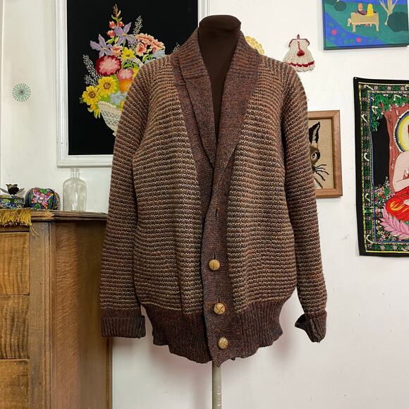 Vintage Grandpa Cardigan, 1970s Brown Tweed Deep V-Neck Button Front Sweater Lg - Picture 5 of 14